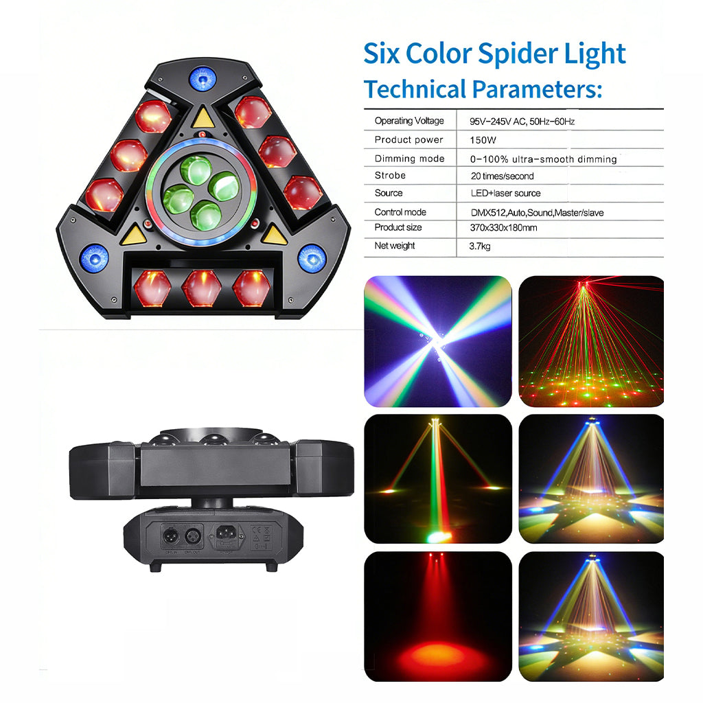 New Spider Light – 13x10W 4in1 Beam LED + RGB Lasers + 24-LED Strip – DMX512 28CH Sound Active Stage Light