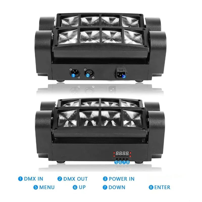 Mini Spider Light RGBW LED Stage Beam Moving Head – 8x3W DMX512 Sound Active Auto Master-Slave Mode for DJ Disco Party Nightclub Wedding Bar Holiday Effect