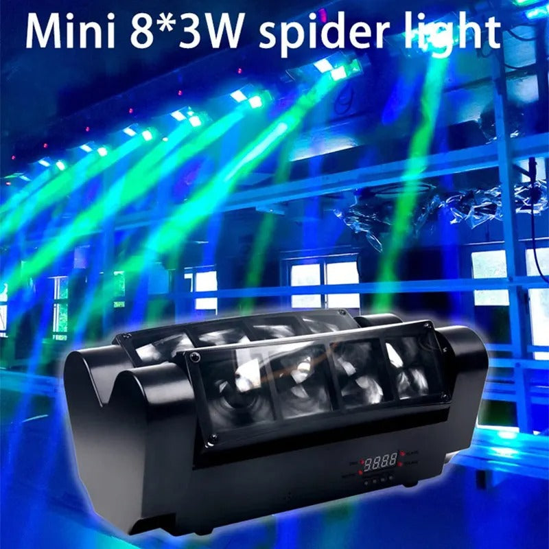 Mini Spider Light RGBW LED Stage Beam Moving Head – 8x3W DMX512 Sound Active Auto Master-Slave Mode for DJ Disco Party Nightclub Wedding Bar Holiday Effect