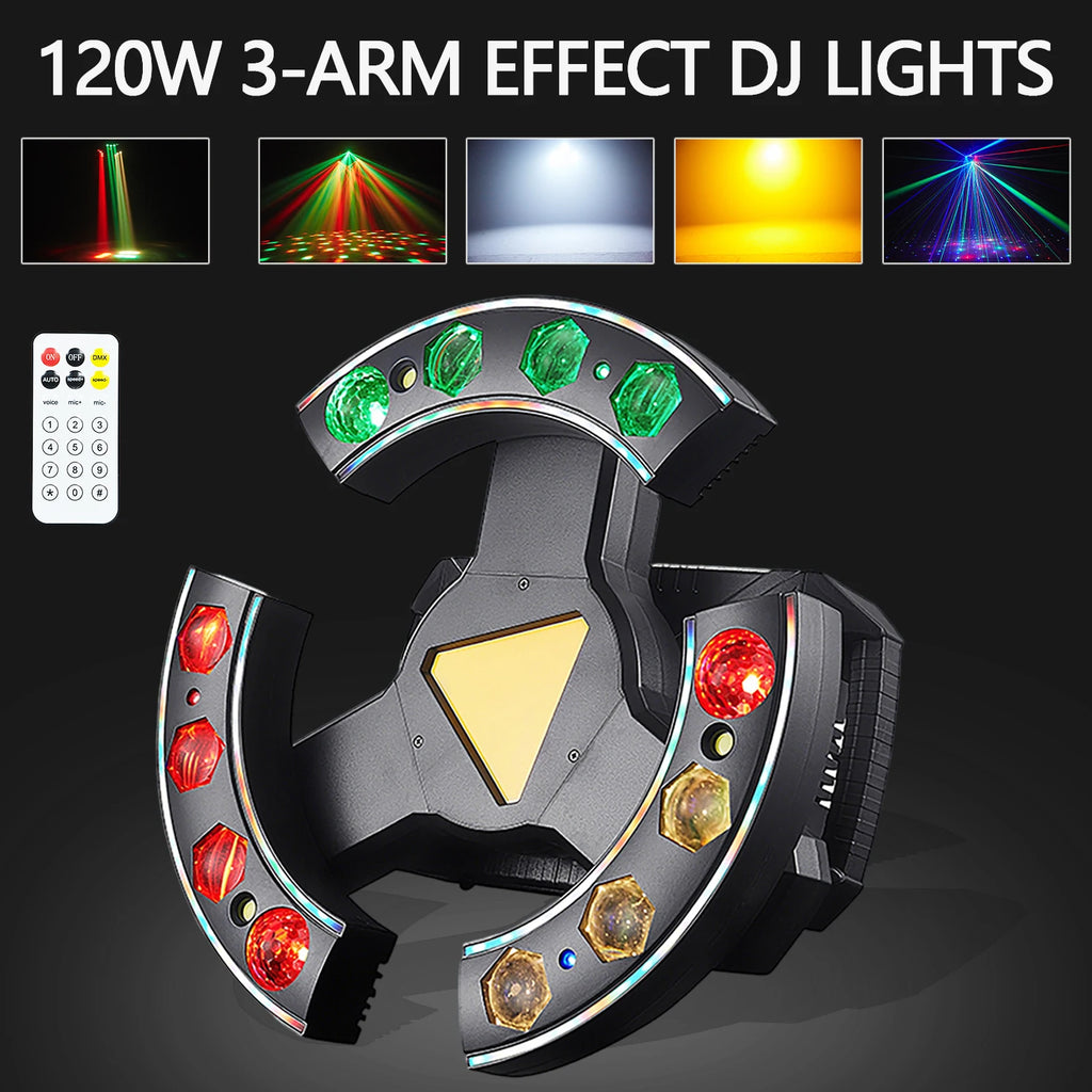 4-Arm 120W Multi-Effect Moving Head – 3-in-1 Laser + Strobe + Soft Strip RGBW – DMX/Sound Control – 25CH for Stage DJ Club