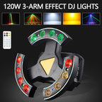 4-Arm 120W Multi-Effect Moving Head – 3-in-1 Laser + Strobe + Soft Strip RGBW – DMX/Sound Control – 25CH for Stage DJ Club