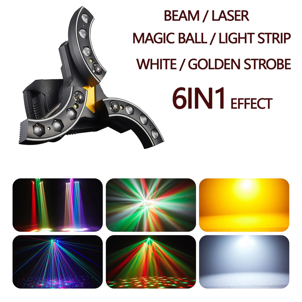 4-Arm 120W Multi-Effect Moving Head – 3-in-1 Laser + Strobe + Soft Strip RGBW – DMX/Sound Control – 25CH for Stage DJ Club